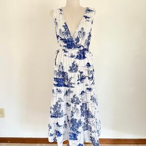 Blue White Deep V Neck Lace Eyelet Tiered Cottagecore Milkmaid Midi Dress Sz L